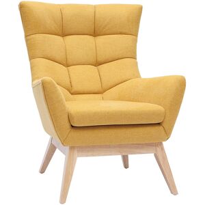 Miliboo Fauteuil scandinave en tissu effet velours texture jaune moutarde et bois clair BRODY