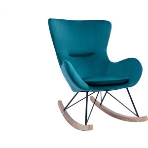 Miliboo Rocking chair design en tissu velours gaufre bleu canard metal noir et bois clair ESKUA