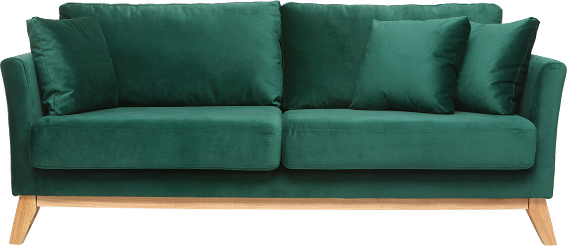 Miliboo Canapé scandinave déhoussable 3 places en tissu velours vert émeraude et bois clair OSLO