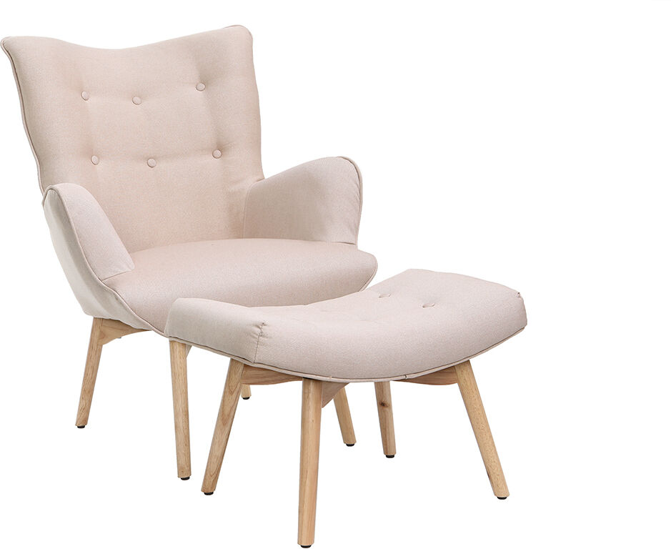 Miliboo Fauteuil avec repose-pieds scandinave en tissu rose poudré et bois clair BRISTOL