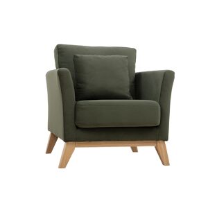 Miliboo Fauteuil scandinave dehoussable en tissu effet velours vert kaki et bois clair OSLO