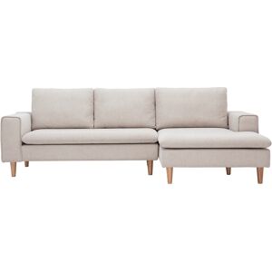 Miliboo Canapé d'angle droit en tissu effet velours texturé beige et bois clair RAGNAR - Publicité Miliboo Canapé d'angle droit en tissu effet velours texturé beige et bois clair RAGNAR - Publicité