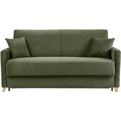 Miliboo Canapé convertible 3 places en tissu chenille vert foncé et bois clair avec matelas 18 cm SKANDY - Publicité Miliboo Canapé convertible 3 places en tissu chenille vert foncé et bois clair avec matelas 18 cm SKANDY - Publicité