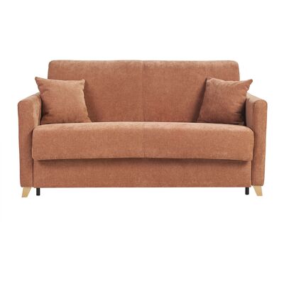 Miliboo Canapé convertible 3 places en tissu effet velours terre brûlée et bois clair avec matelas 18 cm SKANDY - Publicité Miliboo Canapé convertible 3 places en tissu effet velours terre brûlée et bois clair avec matelas 18 cm SKANDY - Publicité