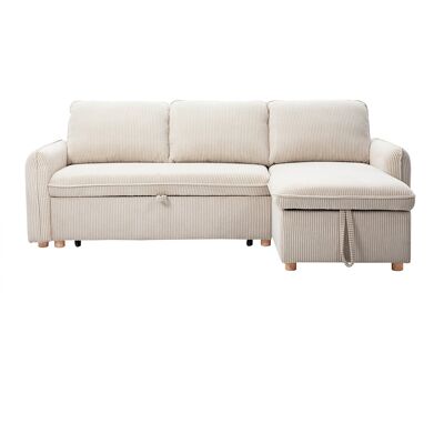 Miliboo Canapé d'angle convertible réversible avec coffre 3 places en tissu velours côtelé beige et bois clair ORSO - Publicité Miliboo Canapé d'angle convertible réversible avec coffre 3 places en tissu velours côtelé beige et bois clair ORSO - Publicité