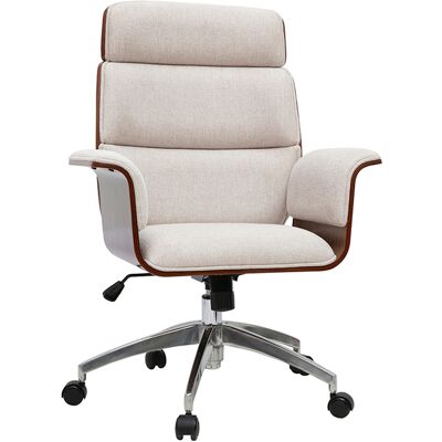 Miliboo Fauteuil de bureau à roulettes design en tissu effet velours texturé beige, bois foncé et acier chromé ELON - Publicité Miliboo Fauteuil de bureau à roulettes design en tissu effet velours texturé beige, bois foncé et acier chromé ELON - Publicité