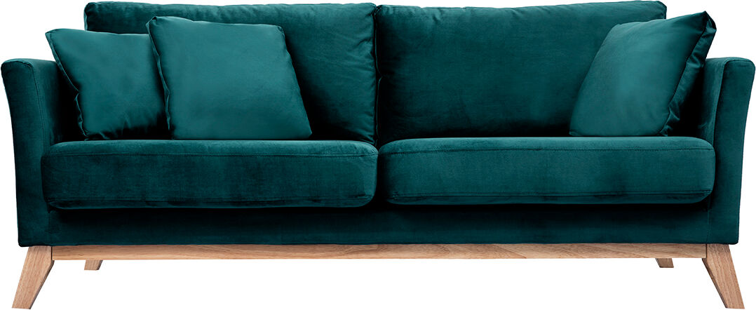 Miliboo Canapé scandinave déhoussable 3 places en tissu velours bleu pétrole et bois clair OSLO