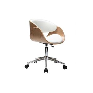 Miliboo Chaise de bureau a roulettes design blanc, bois clair et acier chrome BENT