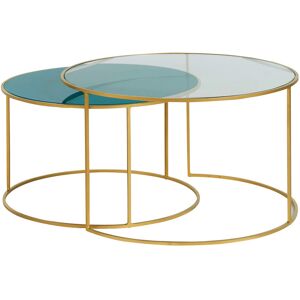 Miliboo Tables basses gigognes rondes design metal dore et verre teinte bleu petrole (lot de 2) ROXO