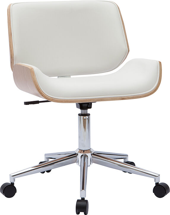 Miliboo Chaise de bureau à roulettes design blanc, bois clair et acier chromé RUBBENS