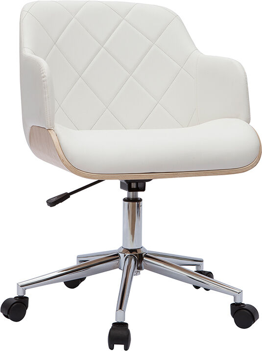 Miliboo Chaise de bureau à roulettes design blanc, bois clair et acier chromé SANDRO