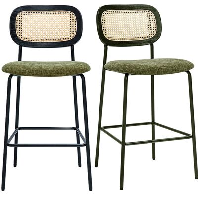 Miliboo Tabourets design en tissu effet velours texturé vert kaki, métal noir et cannage rotin (lot de 2) MIRANDA - Publicité Miliboo Tabourets design en tissu effet velours texturé vert kaki, métal noir et cannage rotin (lot de 2) MIRANDA - Publicité