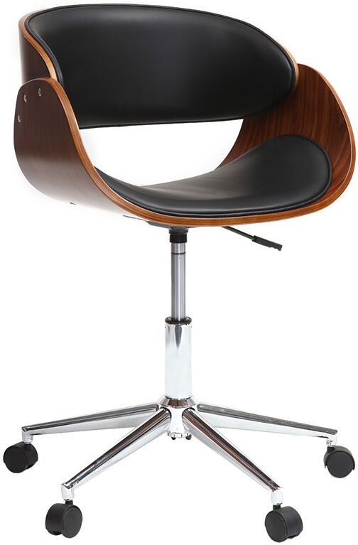 Miliboo Chaise de bureau à roulettes design noir, bois foncé noyer et acier chromé  BENT