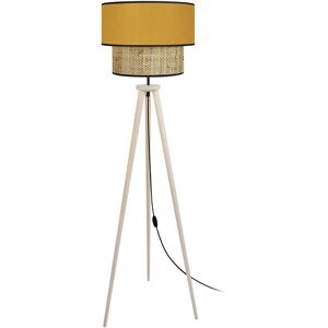 Miliboo Lampadaire avec abat-jour bi-matiere en jute naturel, tissu jaune moutarde et bois clair massif H162 cm CHILL