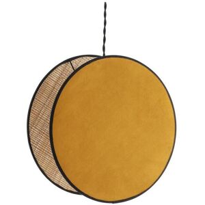 Miliboo Suspension ronde bi matiere en tissu velours jaune moutarde et rabane naturelle D35 cm VERSO