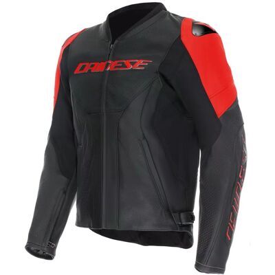 Veste en cuir Racing 5 de Dainese - Sportive, Noir/Rouge Fluo - Publicité Veste en cuir Racing 5 de Dainese - Sportive, Noir/Rouge Fluo - Publicité