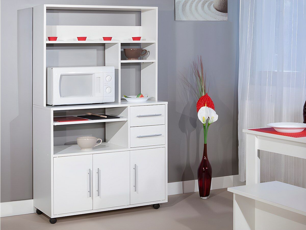 Vente-unique Buffet de cuisine sur roulettes ASTRID - 3 portes & 2 tiroirs - Coloris blanc Vente-unique Buffet de cuisine sur roulettes ASTRID - 3 portes & 2 tiroirs - Coloris blanc