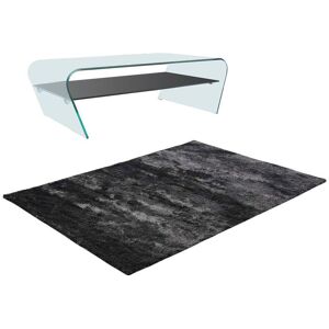 Vente-unique Ensemble table basse transparent et noir KELLY et tapis shaggy anthracite DOLCE