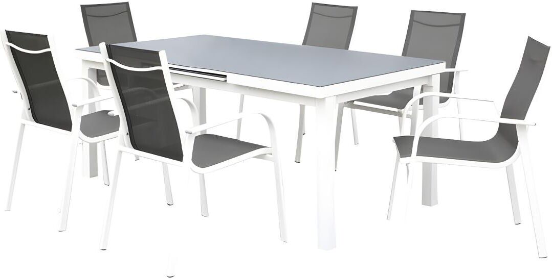 Salle à manger de jardin en aluminium grise et blanche : 6 fauteuils et une table extensible - LINOSA de MYLIA