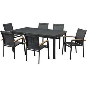 MYLIA Salle à manger de jardin en aluminium : une table extensible 180/240cm et 6 fauteuils empilables avec accoudoirs acacia - Anthracite - NAURU de MYLIA