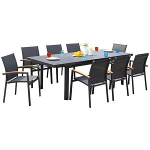 MYLIA Salle à manger de jardin en aluminium : une table extensible 180/240cm et 8 fauteuils empilables avec accoudoirs acacia - Anthracite - NAURU de MYLIA