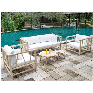 MYLIA Salon de jardin en bois : un canapé 3 places + 2 fauteuils + 2 tables basses - Teck clair et blanc - TULUM de MYLIA