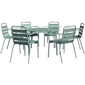 MYLIA Salle à manger de jardin en métal - une table ronde D.130cm et 6 fauteuils empilables - Vert amande - MIRMANDE de MYLIA