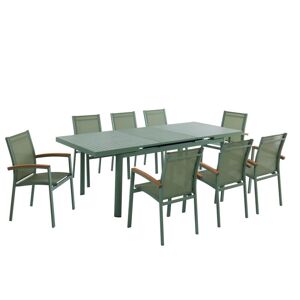MYLIA Salle à manger de jardin en aluminium : une table extensible 180/240cm et 8 fauteuils empilables avec accoudoirs acacia - Vert amande - NAURU de MYLIA
