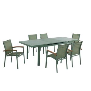 MYLIA Salle à manger de jardin en aluminium : une table extensible 180/240cm et 6 fauteuils empilables avec accoudoirs acacia - Vert amande - NAURU de MYLIA