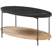 Vente-unique Table basse double plateau en céramique et bois d’hévéa – Effet marbre noir et naturel – FUDILA