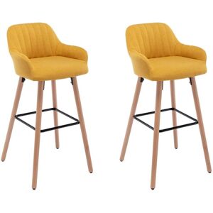 Vente-unique Lot de 2 tabourets de bar en tissu et pieds bois de hetre - Jaune - ELEANA