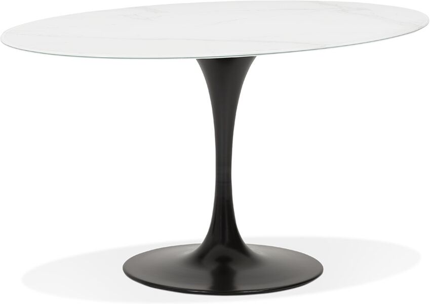 Table à manger 'CHAMAN' ovale en verre blanc effet marbre et pied central noir - 160x105 cm