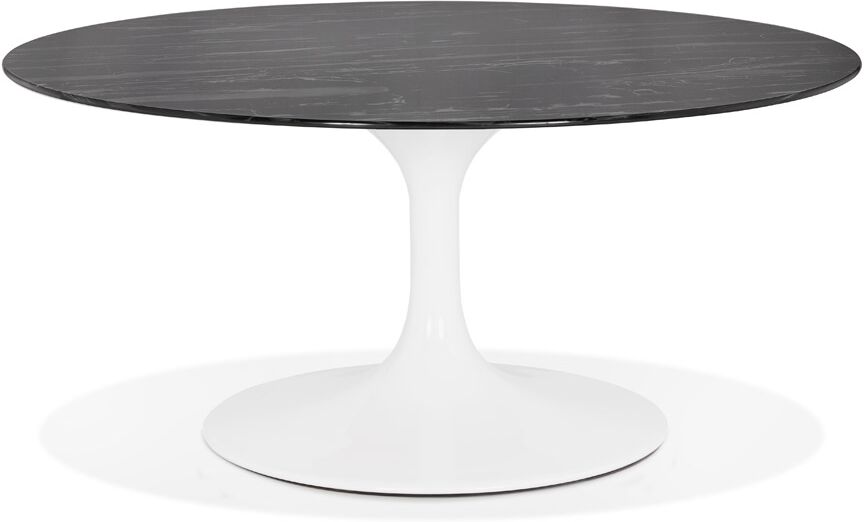 Table basse de salon ronde 'GOST MINI' en verre noir effet marbre et pied central blanc