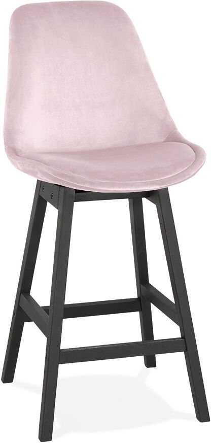 Tabouret snack mi-hauteur 'MORISS MINI' en velours rose et pieds en bois noir