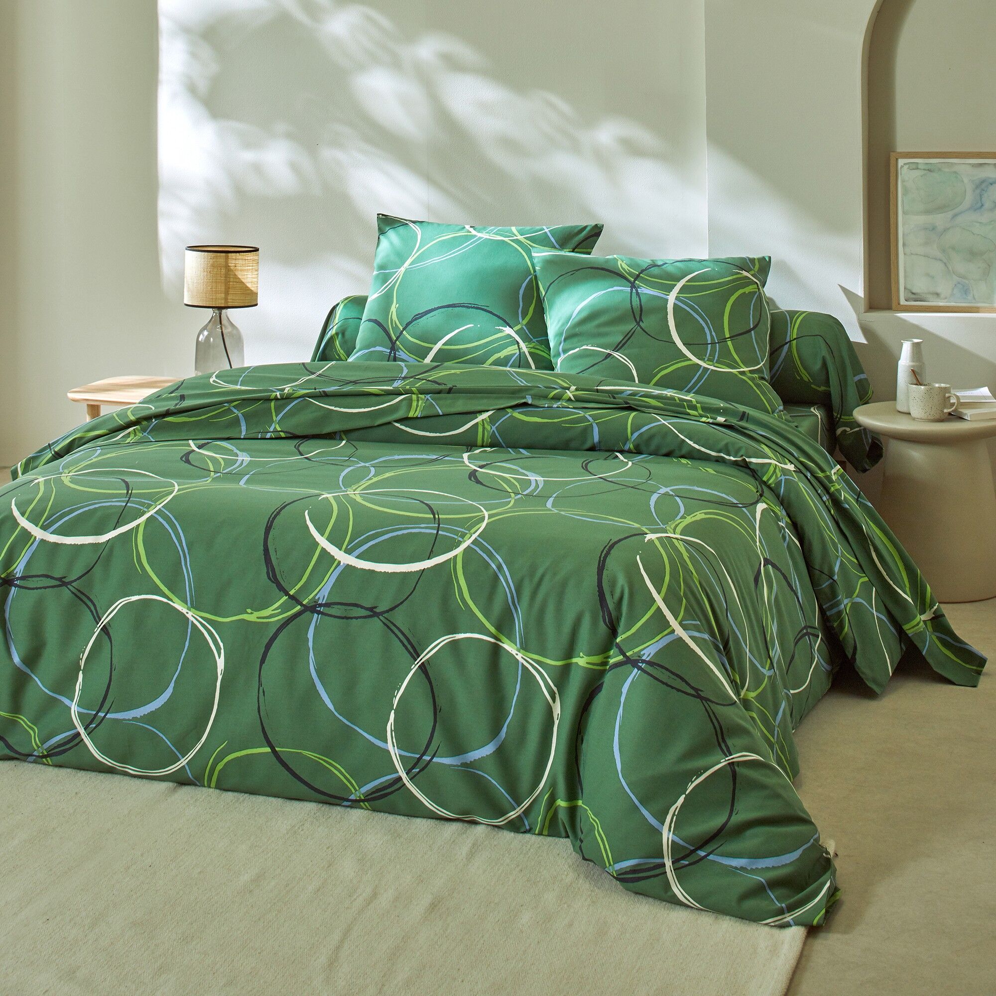 Linge de lit Noémie polycoton imprimé cercles - Blancheporte Vert Drap plat 1 personneonne : 180x270cm