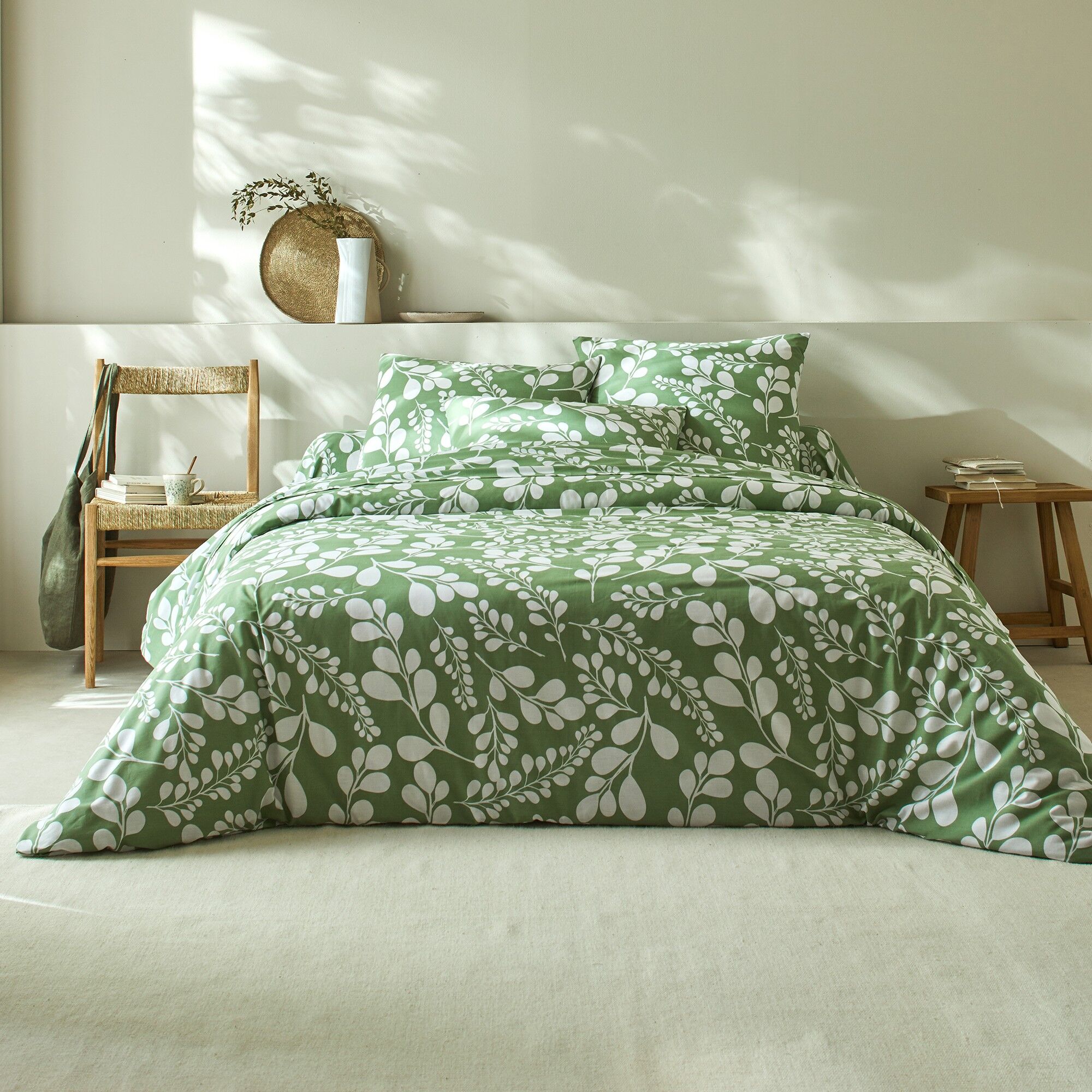 Linge de lit Chloé bicolore imprimé feuillage - en coton - Blancheporte Vert Taie d'oreiller forme sac : 63x63cm