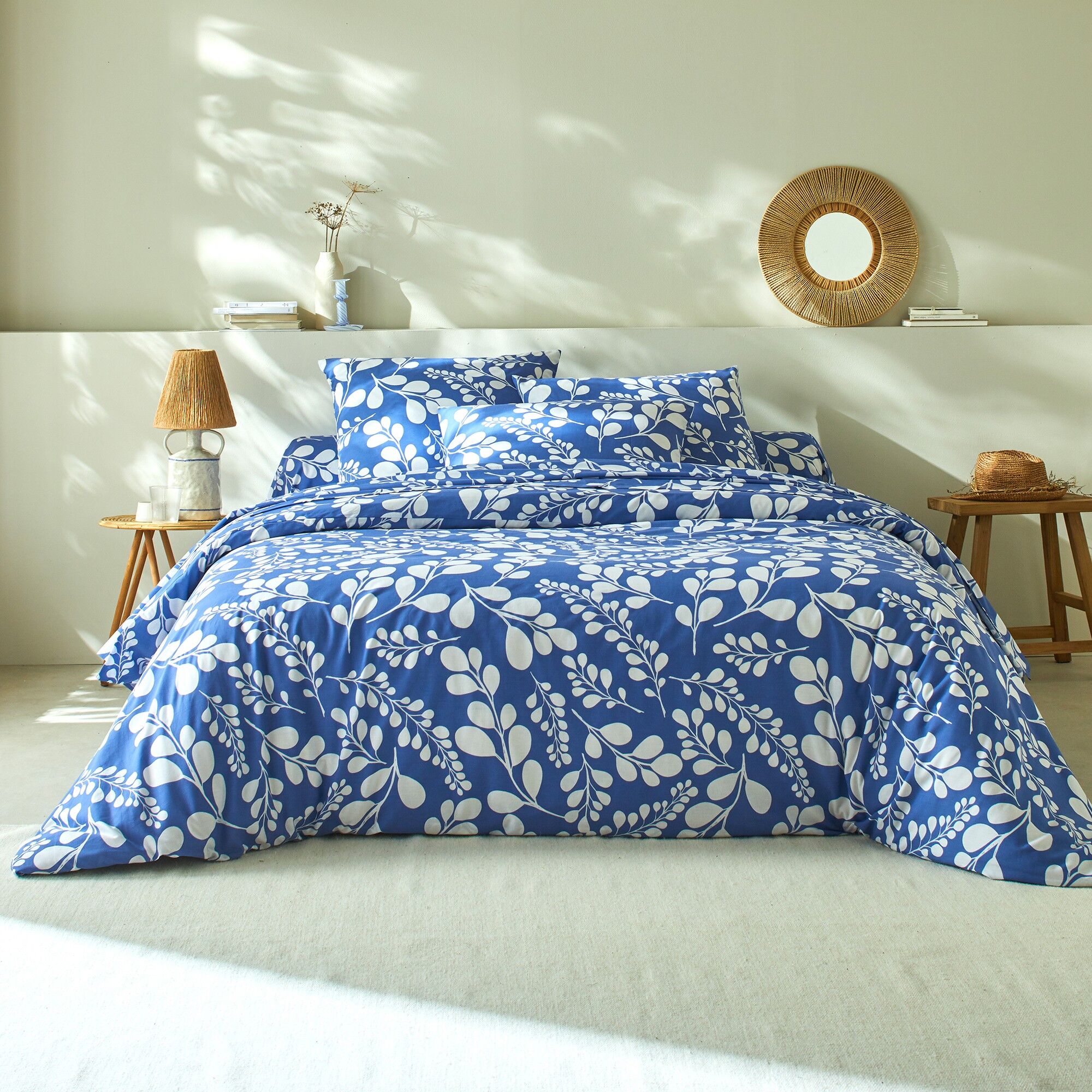 Linge de lit Chloé bicolore imprimé feuillage - en coton - Blancheporte Bleu Taie d'oreiller forme sac : 63x63cm