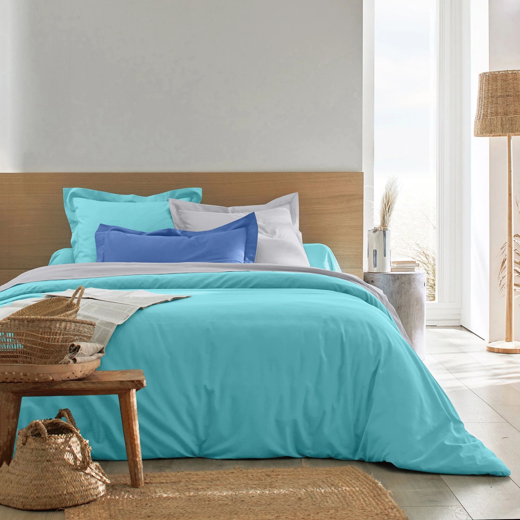 Blancheporte Linge de lit uni coton - Colombine Turquoise Taie d'oreiller forme sac : 63x63cm