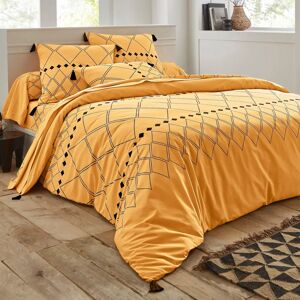 Blancheporte Linge de lit Massaï coton à motifs graphiques et finitions pompons - Blancheporte Jaune Taie de traversin 85x185cm