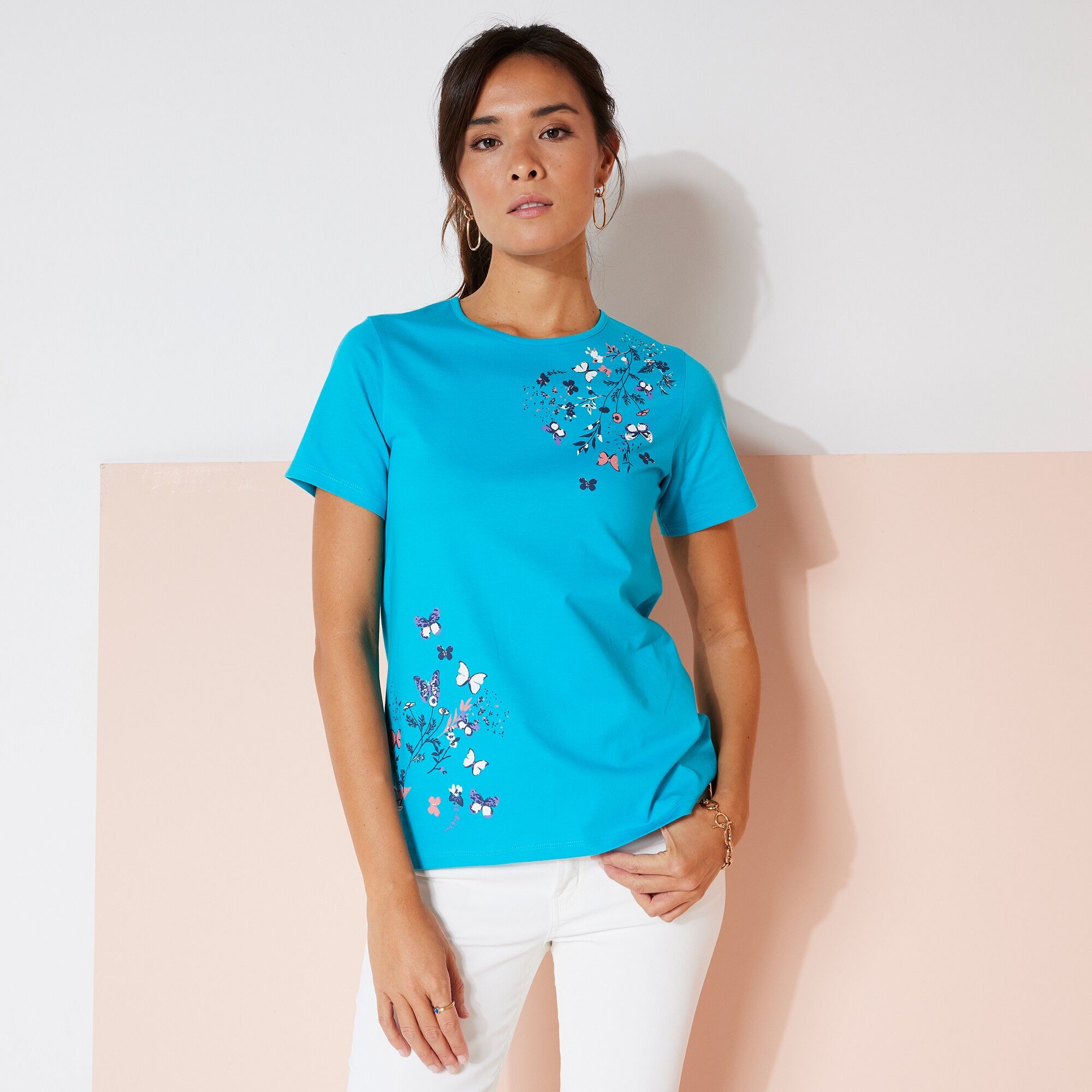 Blancheporte T-shirt Manches Courtes Imprimé Papillon - Femme Turquoise 42/44