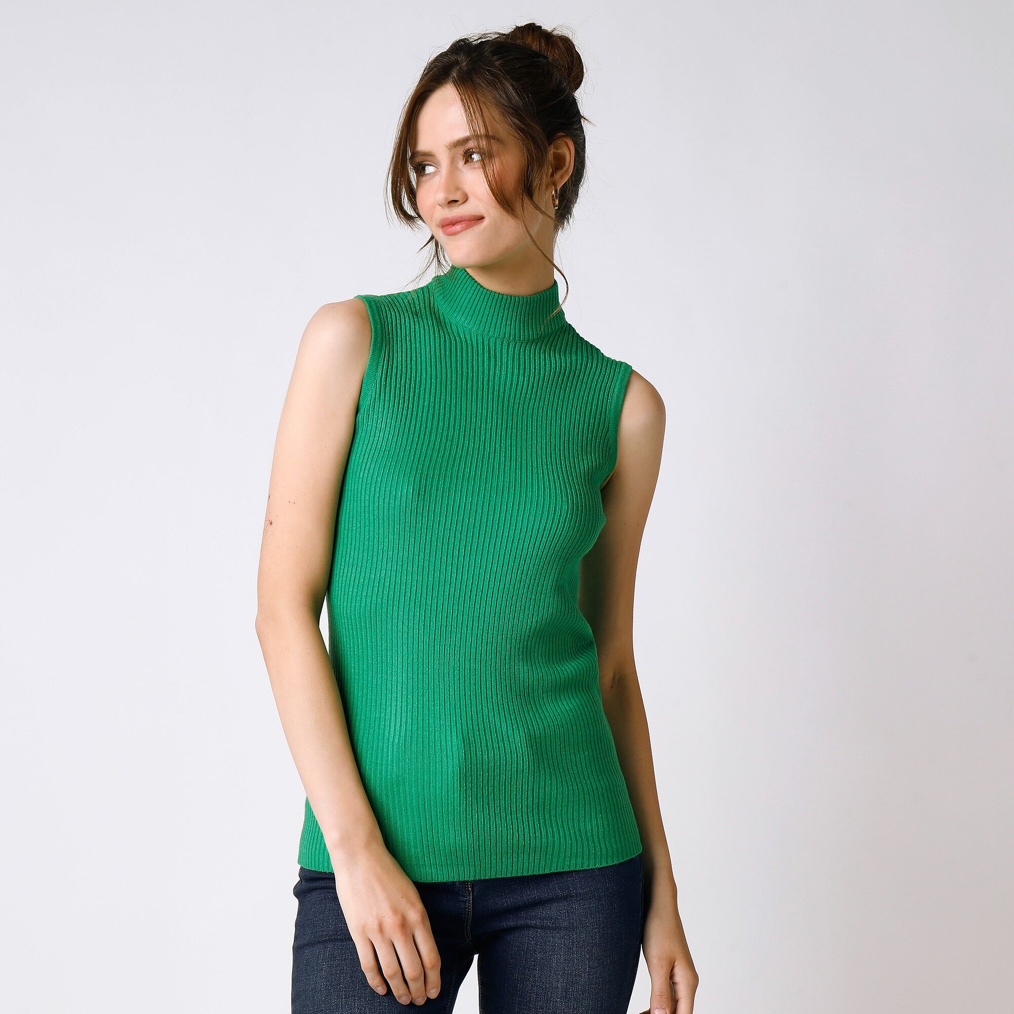 Colors&Co Pull Sans Manches Maille Côtelée - Femme  - Vert - Size: 34/36 - Woman
