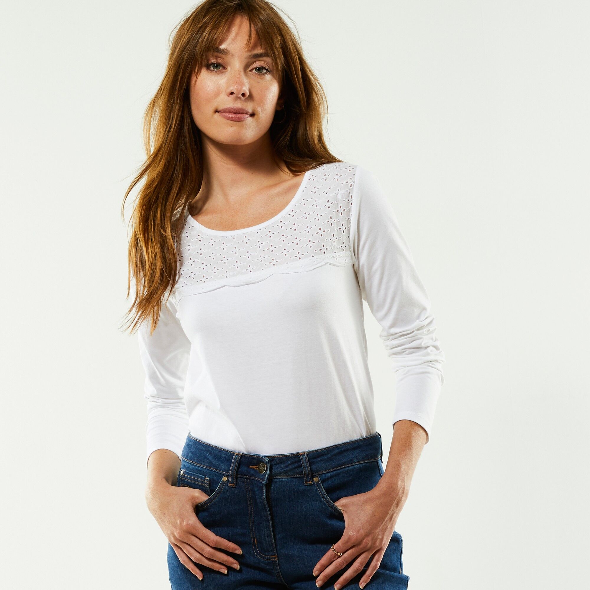 Blancheporte T-shirt Manches Longues, Empiècement Broderie Anglaise - Femme Blanc 34/36