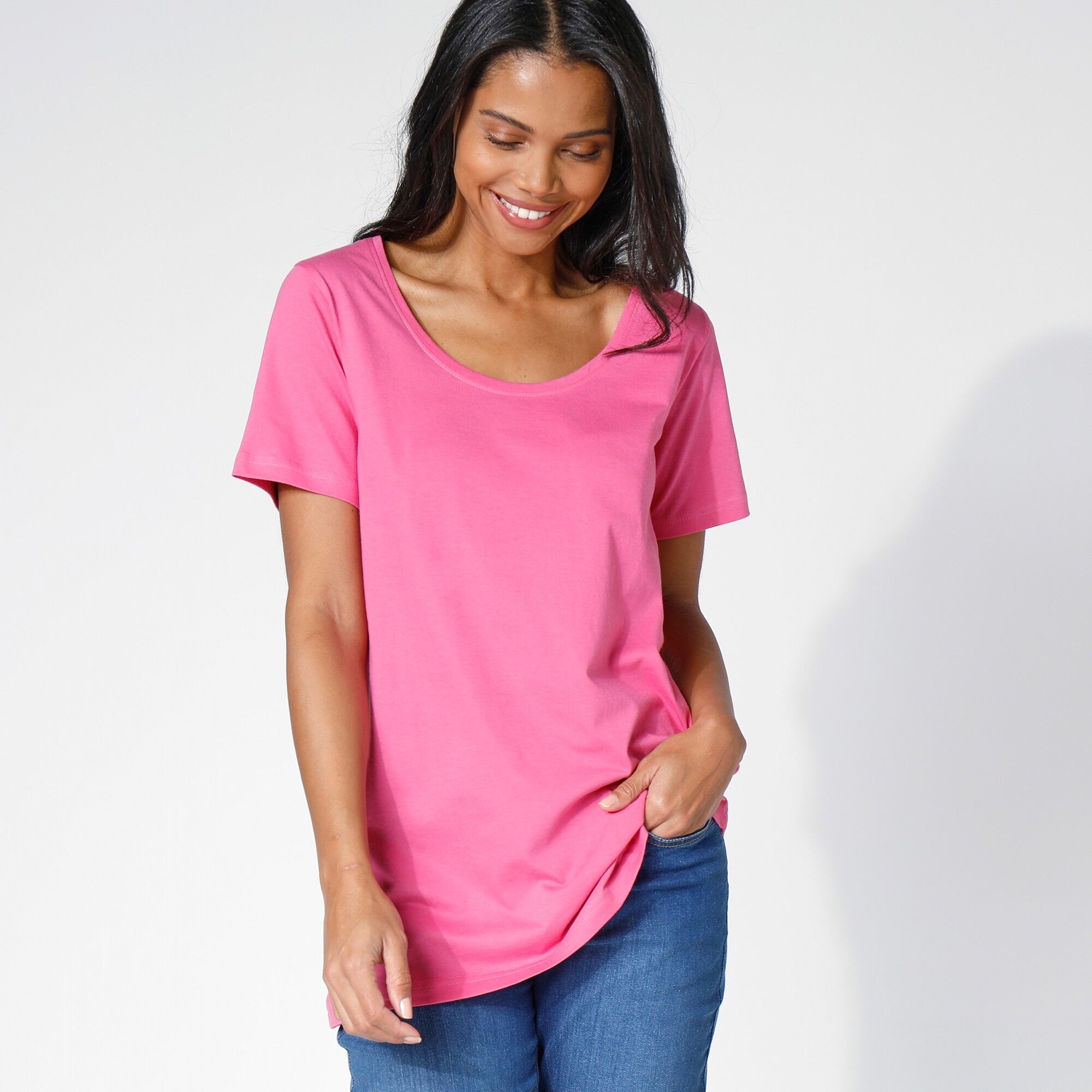 Blancheporte T-shirt Uni Col Rond, Coton Biologique(**) - Femme Rose 34/36