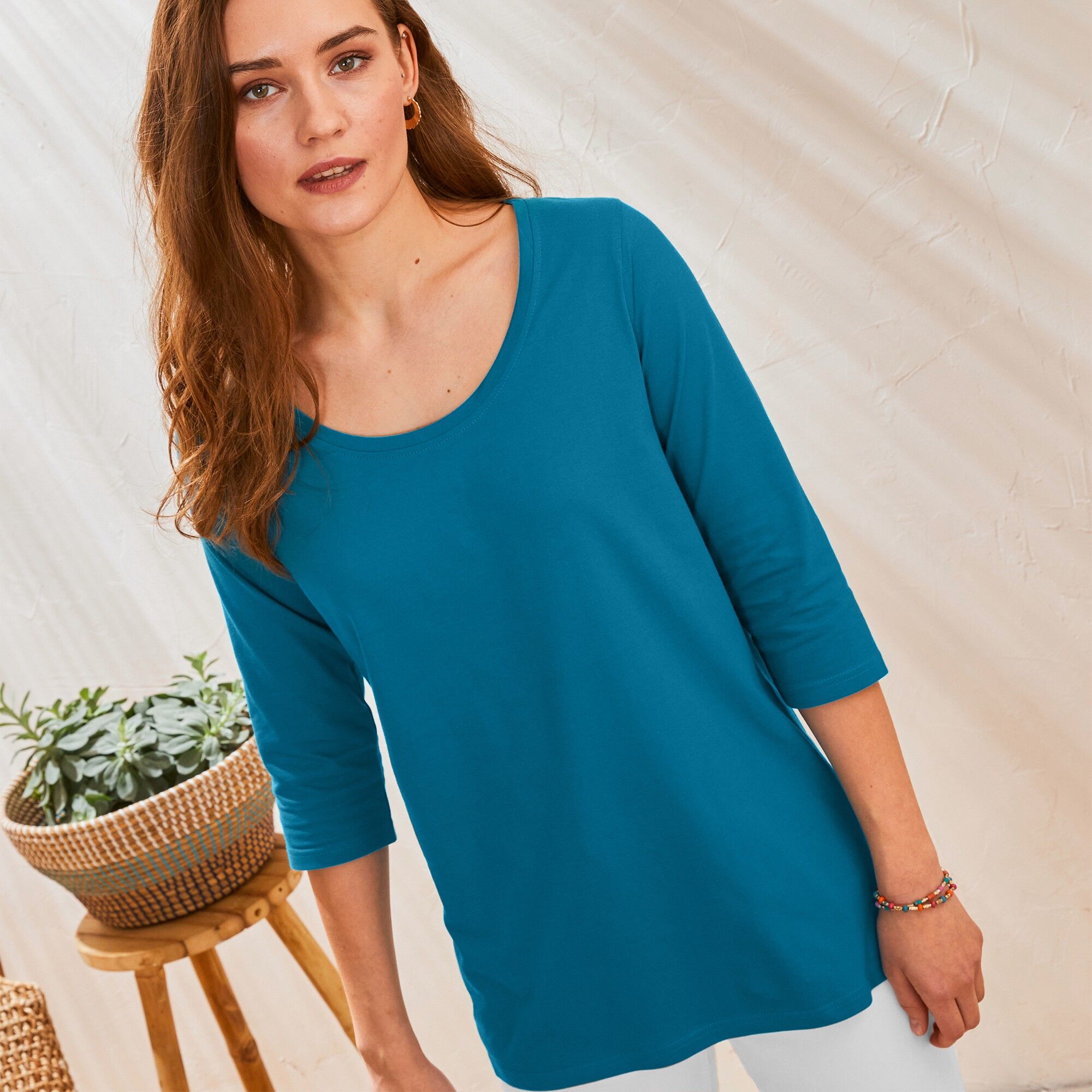 Blancheporte Tee-shirt Manches 3/4 Col Rond Uni Coton - Femme  - Vert - Size: 54 - Woman