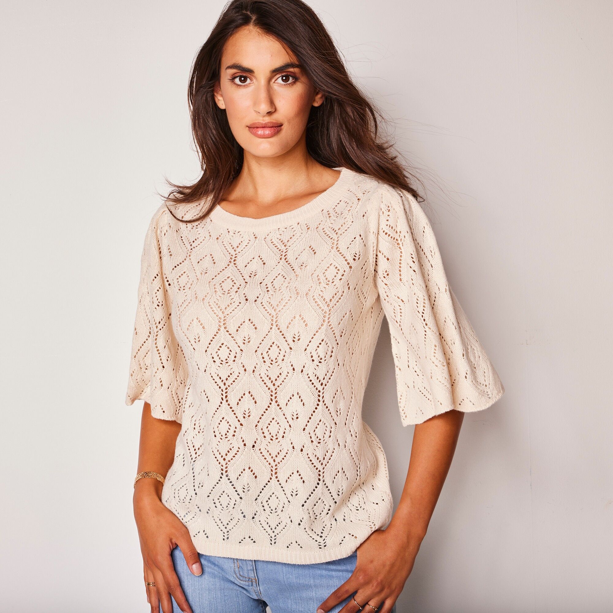 Lora Zellini Pull Col Bateau, Maille Fantaisie Toucher Coton - Femme Écru 46/48