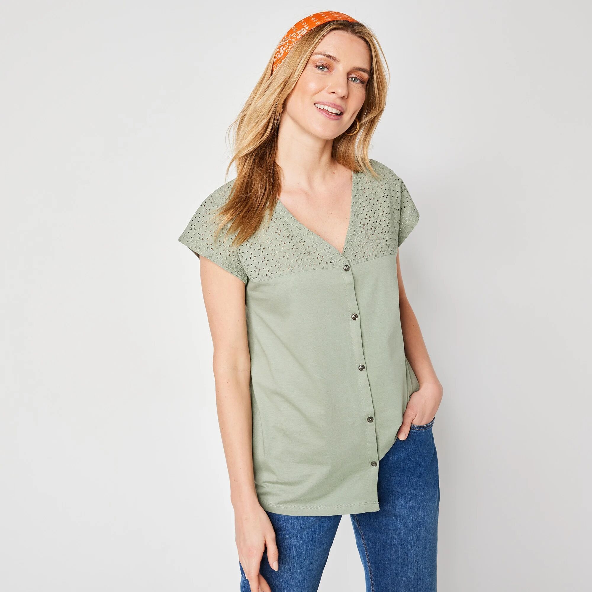 Blancheporte T-shirt Boutonné, Broderie Anglaise - Femme Vert 54