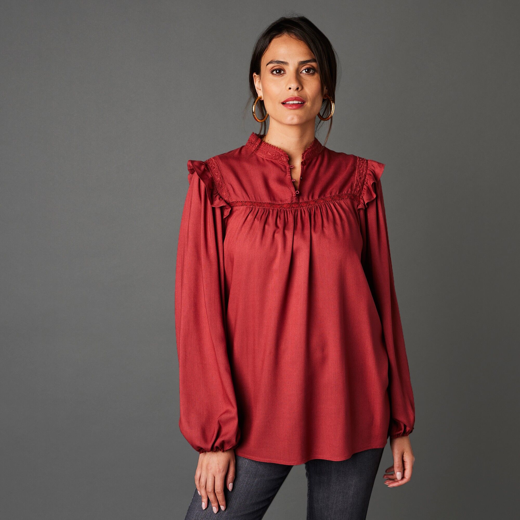 Blancheporte Blouse Brodée Fluide Unie - Femme Rouge 38