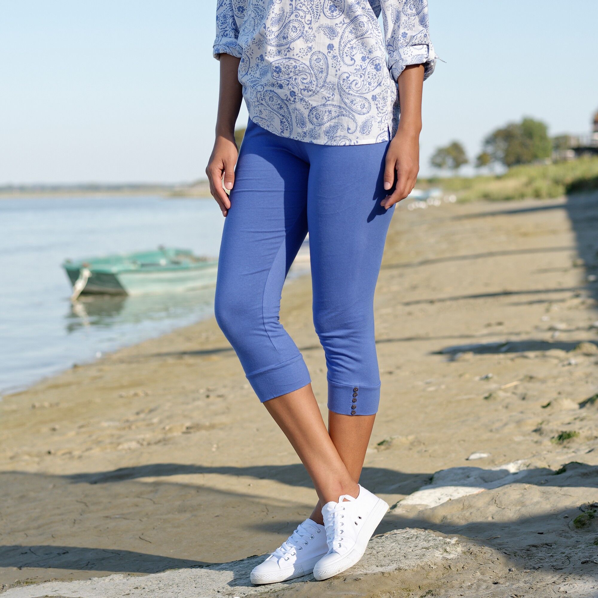 Blancheporte Legging 3/4, Bas Boutonné - Femme Bleu 42/44