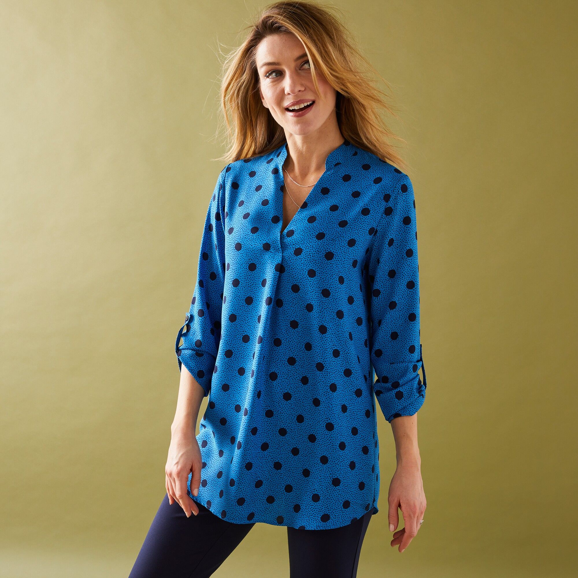 Blancheporte Blouse Col Tunisien Imprimé Pois, Crêpe - Femme Bleu 54