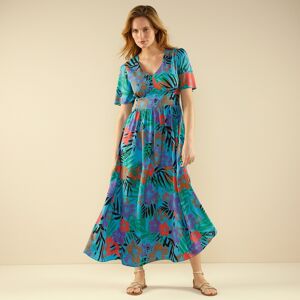 Blancheporte Robe Longue Évasée Imprimée, Grandes Fleurs - Femme Turquoise 50